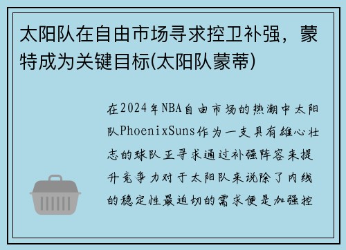 太阳队在自由市场寻求控卫补强，蒙特成为关键目标(太阳队蒙蒂)