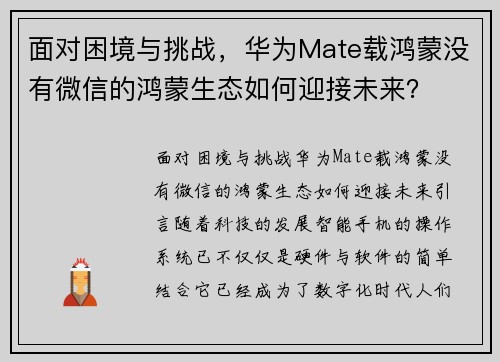 面对困境与挑战，华为Mate载鸿蒙没有微信的鸿蒙生态如何迎接未来？