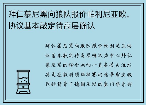 拜仁慕尼黑向狼队报价帕利尼亚欧，协议基本敲定待高层确认