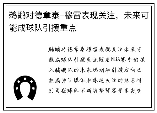 鹈鹕对德章泰-穆雷表现关注，未来可能成球队引援重点