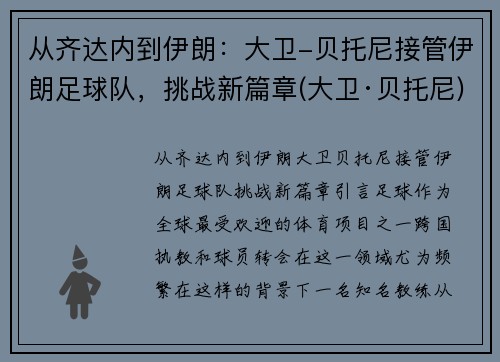 从齐达内到伊朗：大卫-贝托尼接管伊朗足球队，挑战新篇章(大卫·贝托尼)
