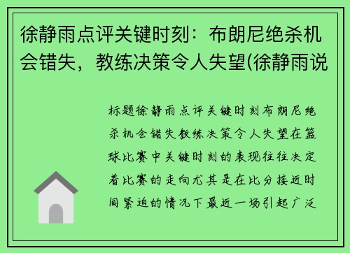 徐静雨点评关键时刻：布朗尼绝杀机会错失，教练决策令人失望(徐静雨说蓝网)