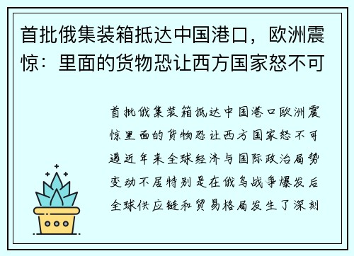 首批俄集装箱抵达中国港口，欧洲震惊：里面的货物恐让西方国家怒不可遏