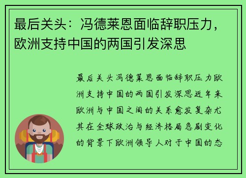 最后关头：冯德莱恩面临辞职压力，欧洲支持中国的两国引发深思
