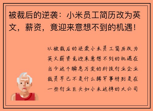 被裁后的逆袭：小米员工简历改为英文，薪资，竟迎来意想不到的机遇！