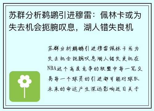 苏群分析鹈鹕引进穆雷：佩林卡或为失去机会扼腕叹息，湖人错失良机